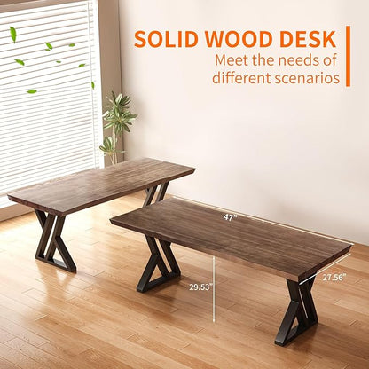 Solid Wood and Metal Modern Industrial Writing Table, 47 inch Wide Home Office Desk Bedroom Computer Desk Workstation, Rustic Natural Aged Brown Study Table Furniture for Your Workspace