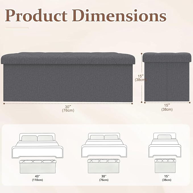 30 Inches Ottoman with Storage, Folding Ottoman Bench Set, Storage Bench for Bedroom, Chest for Entryway, Living Room, Support 500LBS, Grey (Grey, 30" W)