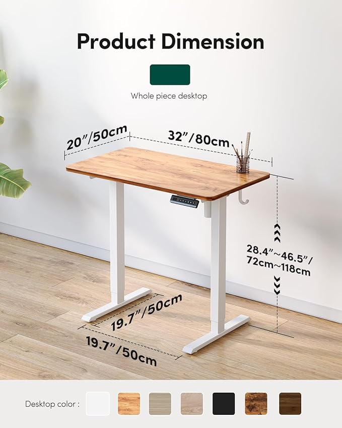 FEZIBO One-Piece Standing Desk Adjustable Height Stand up Home Office Desk, 32x20 Inch Electric Standing Computer Desk, with 4 Memory Presets, Headphone Hook, Light Rustic