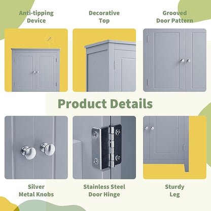 Tall Storage Cabinet, Bathroom Floor Freestanding Storage Cabinet with 2 Double-Door and Adjustable Shelves for Bathroom, Office, Living Room, Grey