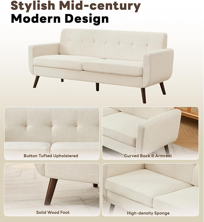 Tbfit 77" W Loveseat Sofa, Mid Century Modern Love Seat Couches for Living Room, Button Tufted Upholstered Small Sofa Couch for Bedroom, Beige