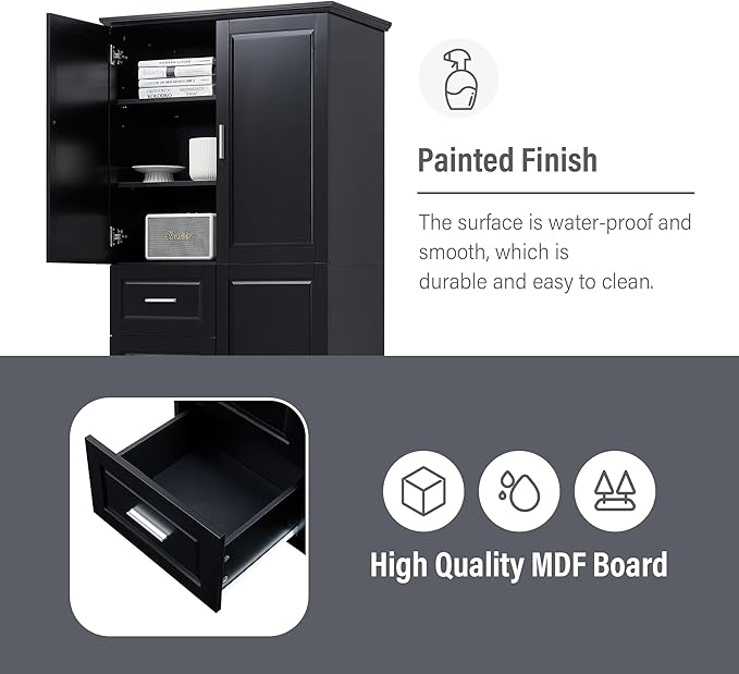 Merax 62.2" Wide Storage Cabinet Pantry Cupboard with Doors and Drawers for Home Kitchen, Bathroom and Living Room, Adjustable Shelf, Black