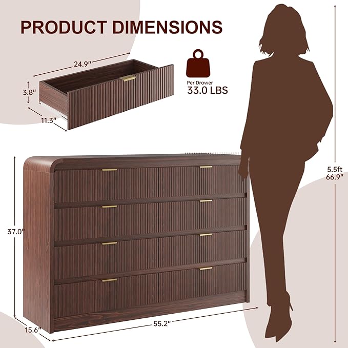 FURSUN Fluted 8 Drawers Dresser for Bedroom, 55" Wide Wooden Dresser with Metal Handle, Curved Profile Design, Modern Storage Organizer for Bedroom, Hallway (Walnut)