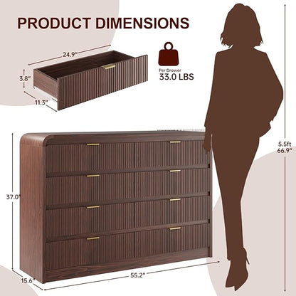 FURSUN Fluted 8 Drawers Dresser for Bedroom, 55" Wide Wooden Dresser with Metal Handle, Curved Profile Design, Modern Storage Organizer for Bedroom, Hallway (Walnut)