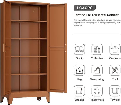 71" Tall Metal Storage Cabinet with 2 Doors and 4 Adjustable Shelves, 5-Tier Kitchen Pantry Storage Cabinet for Kitchen, Living Room, Dining Room and Office, Brown