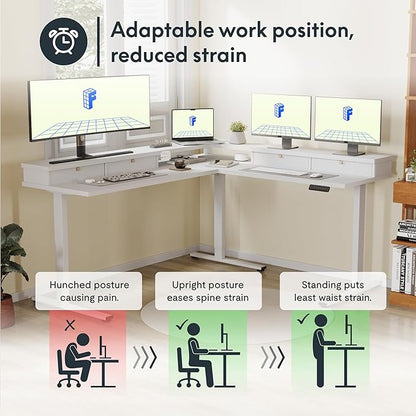 FLEXISPOT 71" Large L Shaped Standing Desk Electric Corner Table with Shelf, 4 Storage Drawers, Adjustable Computer Workstation for Home, Office, Game, Studio, White Top + White Frame