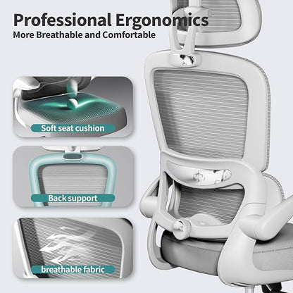 TRALT Office Chair Ergonomic Desk Chair, 330 LBS Home Mesh Office Desk Chairs with Wheels, Comfortable Gaming Chair, High Back Office Chair for Long Hours (Grey)
