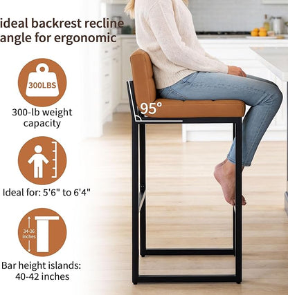 Bar Height Bar Stools Set of 2, Tall Counter Stool Barstools with Back, 30-inch Seat Height Island Stools Comfortable Bar Chairs for Kitchen Island (Caramel Brown, 2Pcs 30" Bar Stools)