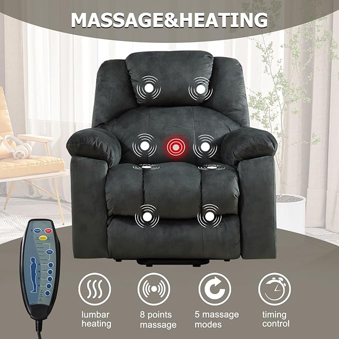 CANMOV Large Power Lift Recliner with Massage and Heat for Elderly, Heavy Duty Lift Recliner for Seniors with USB Port, 2 Hidden Cup Holders (Dark Grey)