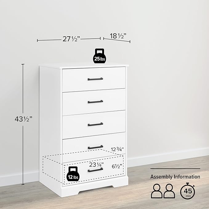 Prepac Rustic Ridge Farmhouse Dresser, White Dresser for Bedroom, Chest of Drawers with 5 Drawers 18.5" D x 27.5" W x 43.5" H, WBDR-1605-1