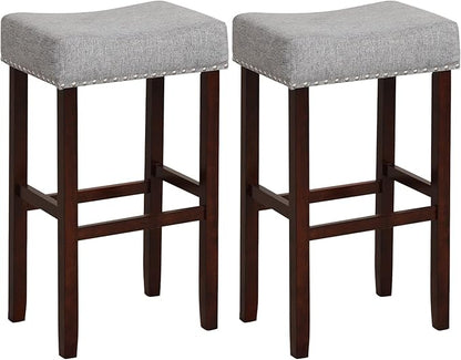 COSTWAY Counter Height Bar Stools Set of 2, 29.5-inch Backless Saddle Stools with Nailhead Trim, Rubber Wood Frame, Footrest, Max Load 330 Lbs, Upholstered Barstools for Kitchen Island Pub, Grey