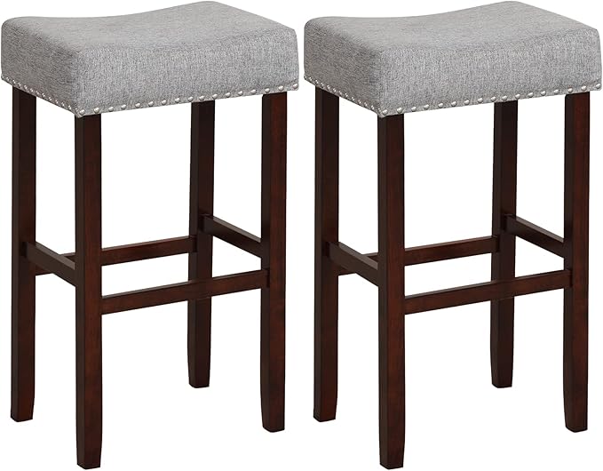 COSTWAY Counter Height Bar Stools Set of 4, 29.5-inch Backless Saddle Stools with Nailhead Trim, Rubber Wood Frame, Footrest, Max Load 330 Lbs, Upholstered Barstools for Kitchen Island Pub, Grey
