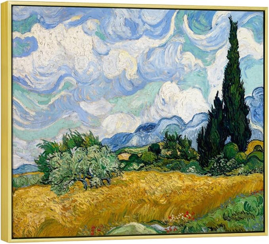 Wieco Art Framed Wall Art Canvas Prints of Wheat Field with Cypresses by Van Gogh Paintings Reproduction Abstract Artwork for Wall Decor Golden Frame