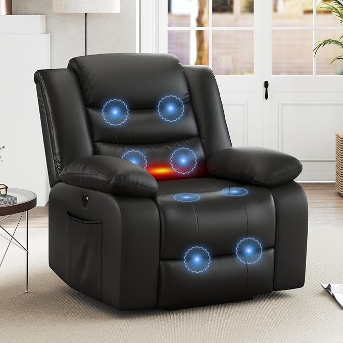 ANJ Black Power Lift Recliner Chair with Massage and Heat, PU Leather Overstuffed Electric Lift Chair for Elderly, Oversized Single Sofa Recliner with Side Pockets, Remote Control
