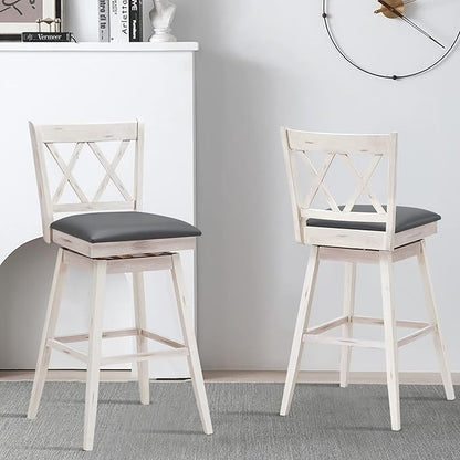COSTWAY Bar Stool Set of 4, 360 ° Swivel Bar Height 29.5 inch Bar Stool with Foot Rest Upholstered Cushion & Ergonomic Backrest, Sturdy Frame, for Pub, Restaurant, Home (4, Antique White + Grey)
