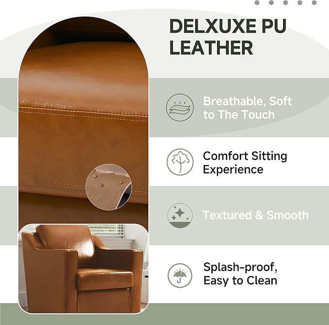 UIXE Faux Leather Swivel Accent Chair, Upholstered Arm Chair for Living Room, Modern Club Armchair Comfy Single Sofa Bedroom Reading Seat with Lumbar Pillow - Cognac Brown