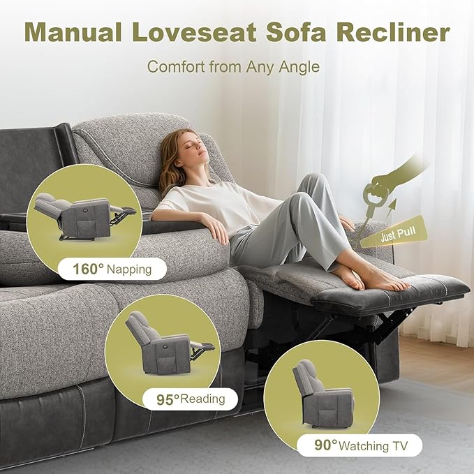4 Seat Manual Reclining Sofa, Flip Middle Backrest 2-in-1 Recliner Couch with Large Storage Drawer, USB Ports & Cup Holders, Grey Linen & Leather 4 Seater Recliner Sofa for Living Room