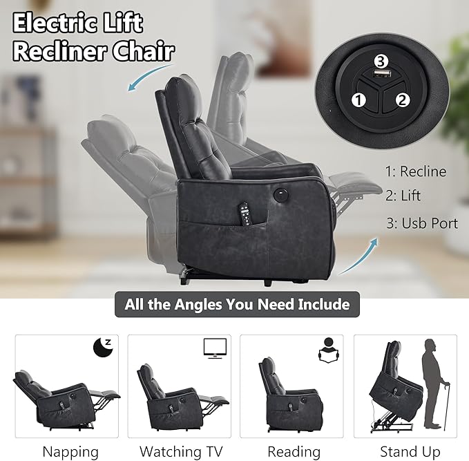 PELUMY Manual Lift Recliner Chair with Massage and Heat for Elderly, Single Motor Electric Lift Chair, Heavy Duty Recliner with USB Charging & Side Pockets (Breathable Leather, Grey)