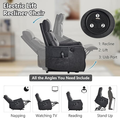 PELUMY Manual Lift Recliner Chair with Massage and Heat for Elderly, Single Motor Electric Lift Chair, Heavy Duty Recliner with USB Charging & Side Pockets (Breathable Leather, Grey)
