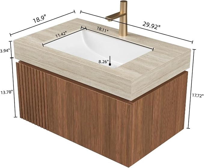 Bathroom Vanity with Sink 30 Inch, Floating Bathroom Vanity Sink Cabinet with Drawer and Door, Undermount Sink & Travertine-Pattern Sintered Stone Top, Pre-Assembled, Espresso