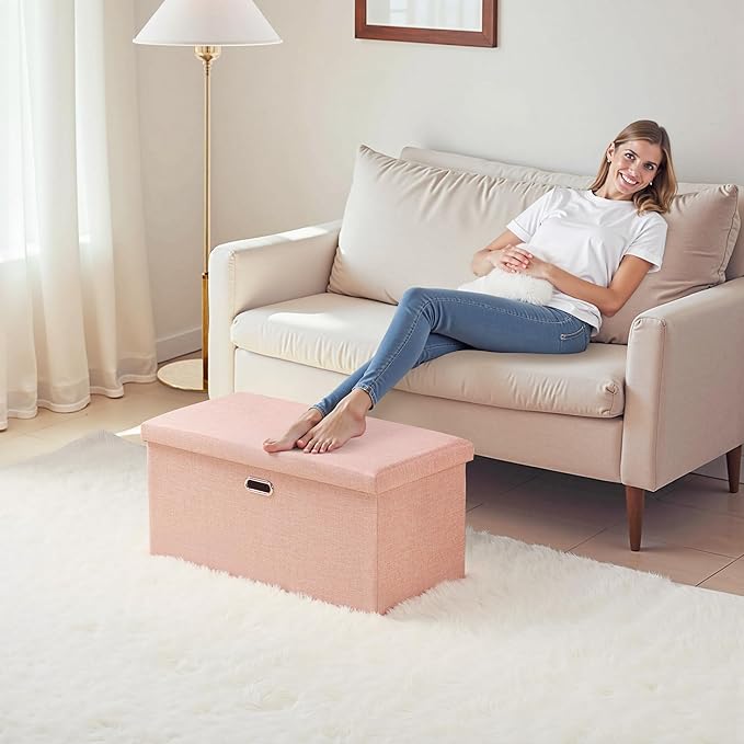 VECELO 30'' Folding Storage Ottoman Bench, End of Bed Linen Fabric Foot Rest Stool with Padded Seat, Large Footstools for Bedroom, Living Room, Load 550 lb, Pink