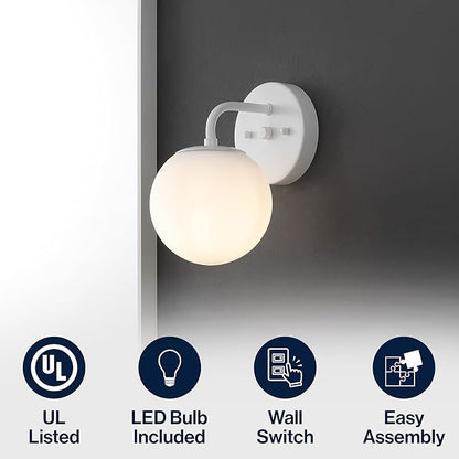 JONATHAN Y JYL3534D Louis Parisian Globe 5.75" 1-Light Metal/Frosted Glass Modern Contemporary LED Vanity Light Midcentury, Glam, Transitional, Bathroom, Powder Room, Dressing Room, Bedroom, White