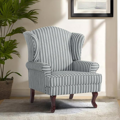 Pia Ricco Set of 2 Stripe High Back Accent Chairs: Upholstered Fabric Armchairs with Solid Wood Legs - Retro Living Room Pair, Comfy Reading Sofa Seats-Gray