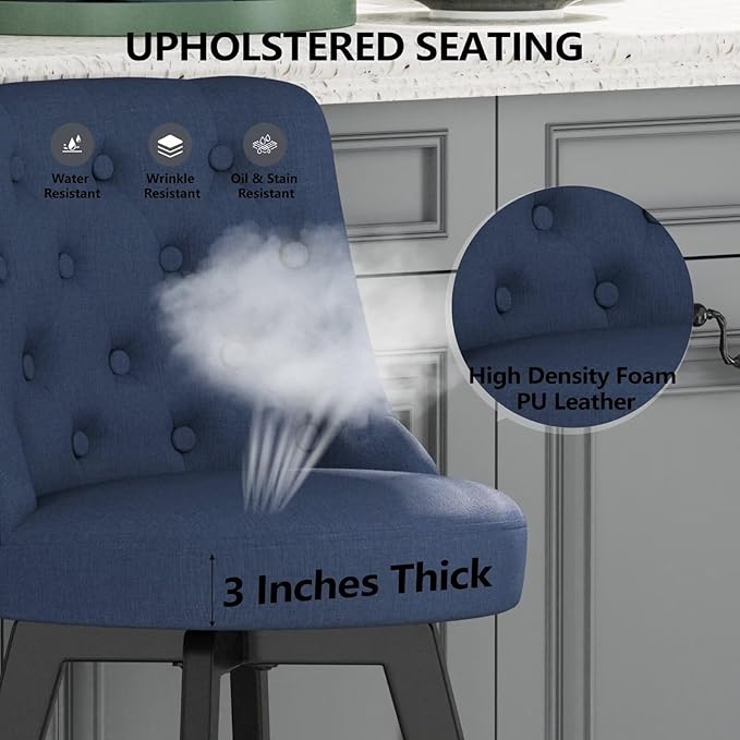 MINCETA Set of 2 Upholstered Bar Stools - 26 Inch Swivel Counter Height Stools with Low Tufted Back, Footrest & Performance Fabric - Round Seat for Kitchen Island & Home Bar Blue