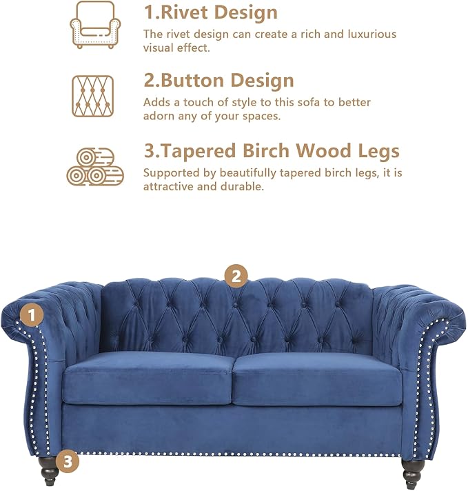 Velvet Loveseat Sofa, Mid Century Modern Upholstered Couch, 62" Oversized Comfy 2 Seater Love Seat Couch with Cushions, Tufted Chesterfield Sofa for Living Room, Bedroom, Apartment (Blue)