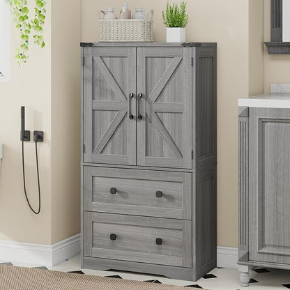 Farmhouse Bathroom Storage Cabinet with 2 Big Drawers and Barn Doors, Kitchen Pantry, Freestanding Storage Cabinet with Adjustable Shelves for Bathroom, Living Room, Kitchen (Wash Grey).
