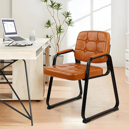CLATINA Waiting Room Chairs with Padded Arms Leather Guest Chair no Wheels for Office Reception and Conference Desk with Sled Base Orange