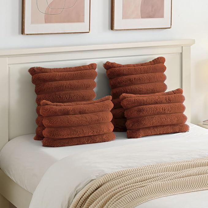 FUTEI Rust Decorative Throw Pillow Covers 24x24 Inch Set of 2, Square Soft Faux Rabbit Fur Big Striped Pillow Sham,Home Decor for Couch Sofa Bed Living Room