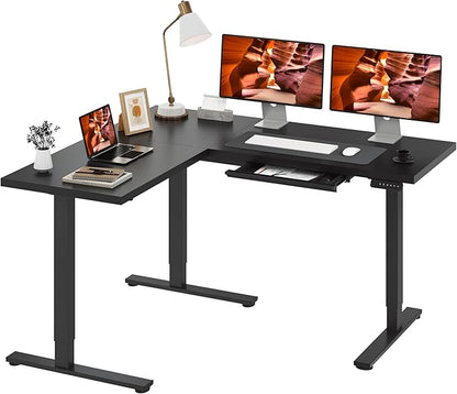 L-Shaped Standing Desk, 63 x 55 Inches Height Adjustable Desk with Storage, Sit and Stand up for Work Office Home, Ergonomic Rising Computer Table for Home Office with Splice Board, Black
