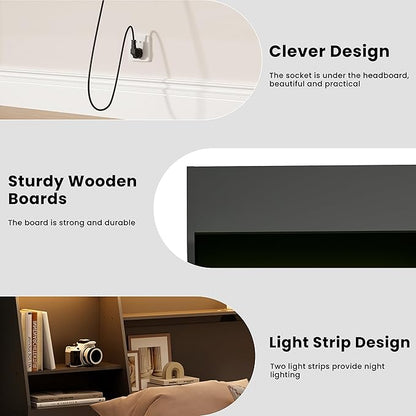 King Size Headboard Only for Bed, Wood Bookcase Headboard with Charging Station & 2 LED Lights, Modern King Bookshelf Headboard with Storage, Noise-Free, Sturdy and Durable, Black