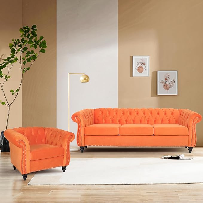 2 Piece Living Room Sofa Set, 3 Seater Velvet Sofa Couch and Chair Set, Mid Century Modern Upholstered Couch with Cushions, Comfy Tufted Chesterfield Couches for Living Room, Bedroom, Office