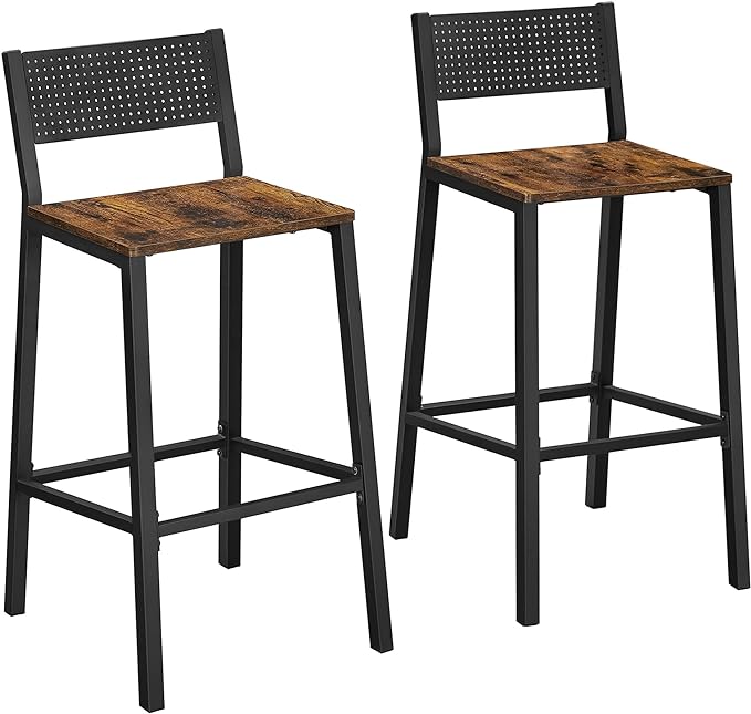 VASAGLE Bar Stools, Set of 2 Bar Chairs, Tall Bar Stools with Backrest, Industrial in Party Room, Rustic Brown and Black ULBC070B01