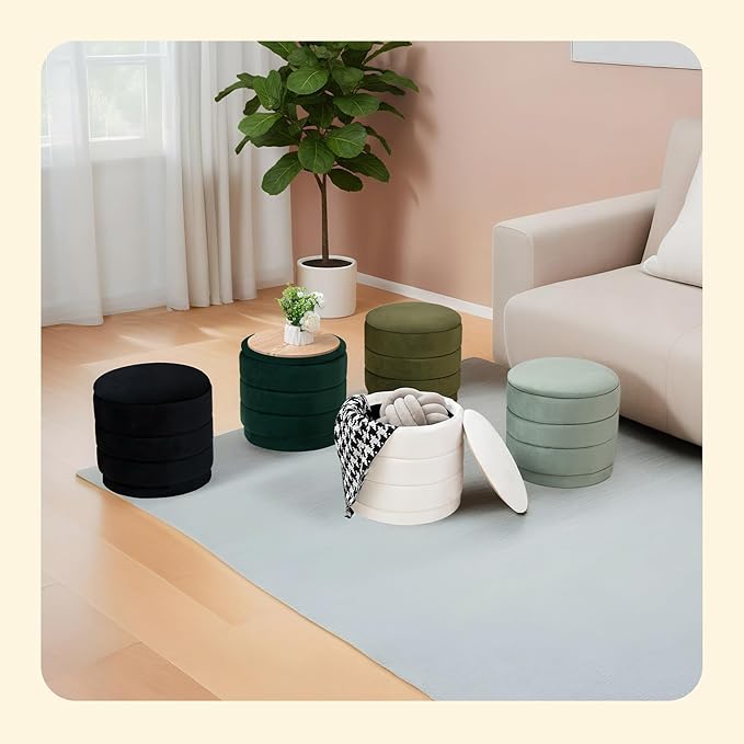 PINPLUS Round Velvet Ottoman Tray, Olive Green Upholstered Decorative Accent for Footstool or Coffee Table, Removable Serving Surface