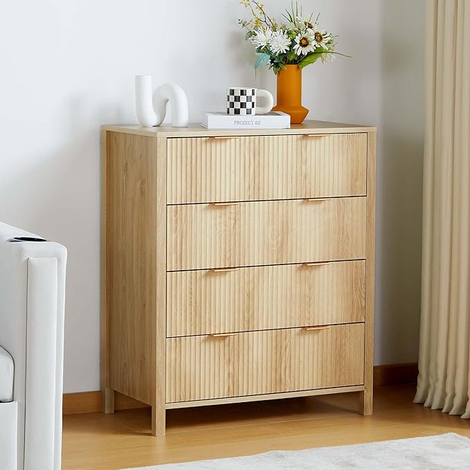 4 Drawer Dressers for Bedroom, Modern Closet Chest of Drawers with Waveform Fluted Panel, Large Wood Storage Dresser Organizer for Nursery Bedroom Living Room Hallway Closet, Natural