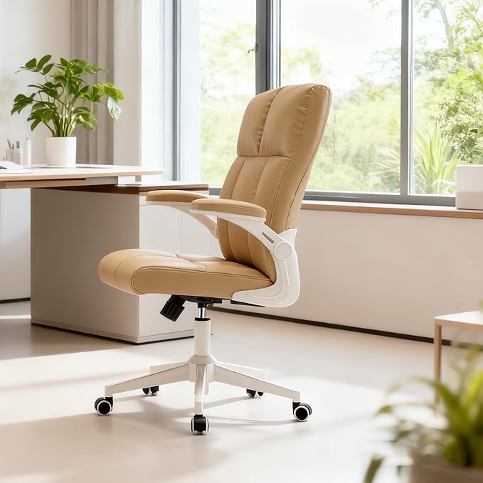Ergonomic Desk Chair with Space Saving Flip-Up Arms, 360° Swivel & Reclining Back, High-Back Executive Chair in Soft Faux Leather for Office&Study (Khaki)