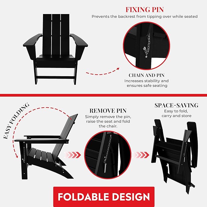 Costaelm Folding Adirondack Chairs, Outdoor Patio Adjustable Lawn Chairs, Weather Resistant Outside Firepit Chairs for Porch, Poolside, Garden, Backyard Deck, Black