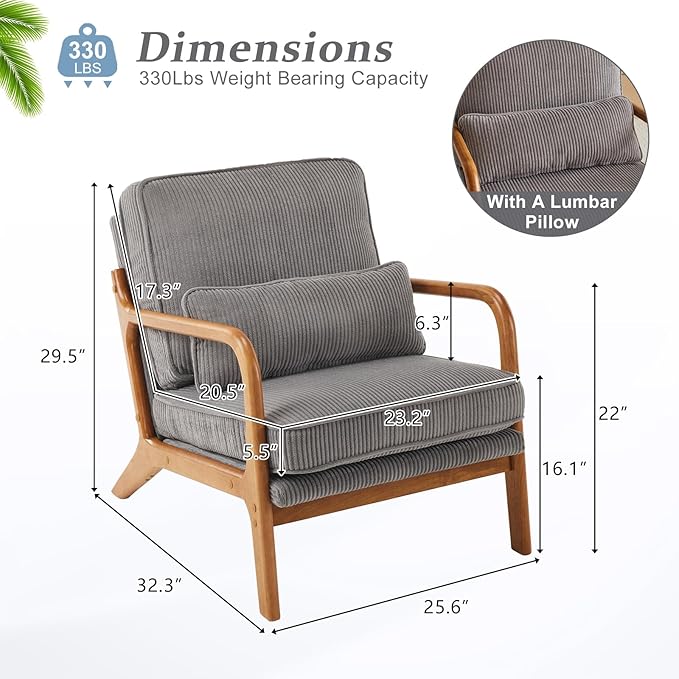 VINGLI Upgraded Premium Corduroy Accent Chairs Set of 2,Upholstered Arm Chair,Solid Wood Comfy Reading Chair with Lumbar Pillow, Mid Century Modern Chairs for Living Room,Bedroom,Light Grey