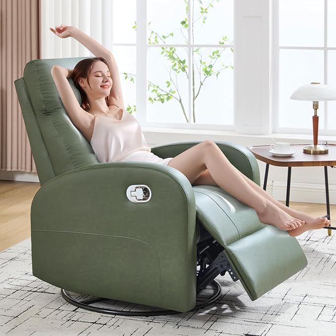 Swivel Rocker Recliner, Faux Leather Rocking Recliner Chair with Manual Adjustable Footrest, Reclining Chair Nursery Glider Recliners for Small Spaces, Living Room, Dark Green