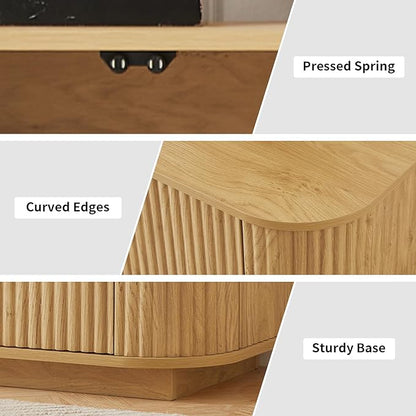 LKTART 64" Sideboard Buffet Cabinet with Storage, Wooden Fluted Storage Cabinet Sideboard Credenza with Adjustable Shelves Pressed Spring for Kitchen Living Room (Natural Oak)