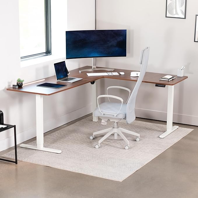 VIVO Corner Standing Desk, 75 x 63 inch Reversible L-Shaped Workstation, Electric Height Adjustment, Home, Office, and Reception Rooms, Dark Walnut Table Top White Frame, DESK-E3CTWD-75