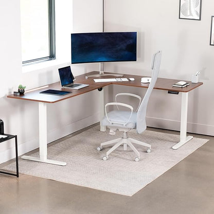 VIVO Corner Standing Desk, 75 x 63 inch Reversible L-Shaped Workstation, Electric Height Adjustment, Home, Office, and Reception Rooms, Dark Walnut Table Top White Frame, DESK-E3CTWD-75