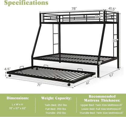 Giantex Twin Over Full Bunk Bed with Trundle, Heavy-Duty Metal Triple Bunk Beds w/Two Side Ladders & Safety Guard Rail, 3 in 1 Bunk Beds for Kids Teens, No Box Spring Needed, Black