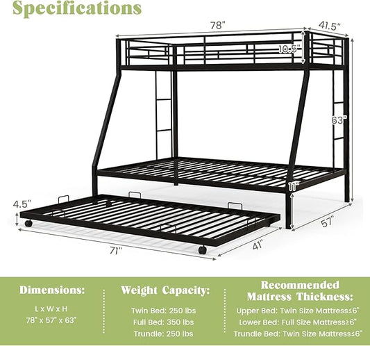 Giantex Twin Over Full Bunk Bed with Trundle, Heavy-Duty Metal Triple Bunk Beds w/Two Side Ladders & Safety Guard Rail, 3 in 1 Bunk Beds for Kids Teens, No Box Spring Needed, Black