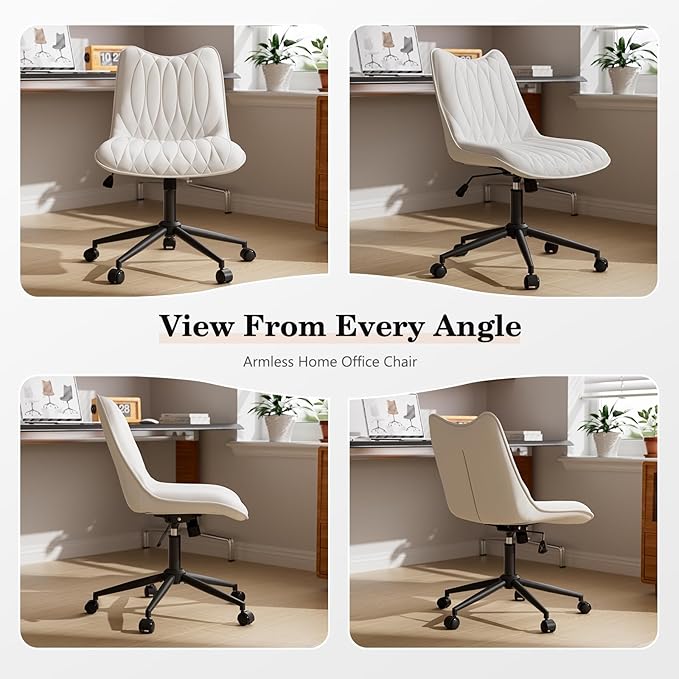 Armless Desk Chair, Armless Office Chair with Wheels, Small Desk Chair No Arms for Home Office, Swivel Vantiy Chair with Backs for Bedroom, Rolling Task Chair for Small Space, White