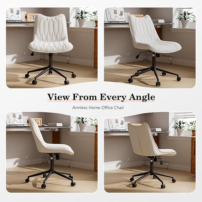 Armless Desk Chair, Armless Office Chair with Wheels, Small Desk Chair No Arms for Home Office, Swivel Vantiy Chair with Backs for Bedroom, Rolling Task Chair for Small Space, White