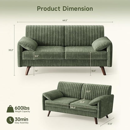 ONBRILL 64.5" Loveseat Sofa, Chenille Loveseat Couch for Living Room, 23.2" Deep Seat Love Seat with Padded Arms, Comfy Modern Small Couches for Bedroom, Small Spaces, Dorms, Office, Green